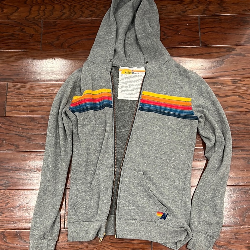 Aviator Nation 5 stripe zip hoodie grey